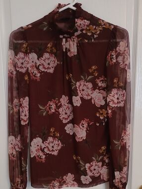 RW&CO. Sheer Floral High-Neck Blouse - Burgundy and Pink